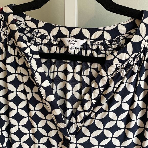 Crown & Ivy Navy and White V-Neck Patterned Blouse - Picture 2 of 3